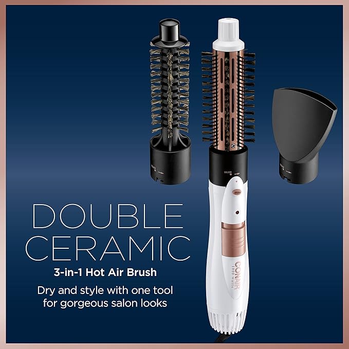 Conair Double Ceramic 3-in-1 Hot Air Brush, 1000W, Interchangeable 1¼" Thermal & ¾” Boar Bristle Attachments for Voluminous Curls & Straight Styles, Hot Air Brush for Fine & Thick Hair (Pack of 4)