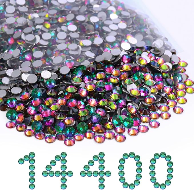 MEIBITE Flatback Rhinestones Bulk, 14400PCS Green Volcano Rhinestones for Clothes DIY Decoration Crafts, Green Volcano, SS10, 2.7-2.9mm