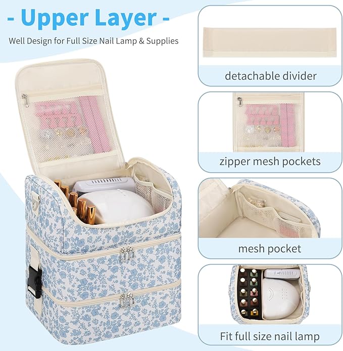 Extra Large Nail Polish Organizer - Three Layer Nail Organizers And Storage Bag, Portable Nail Supplies Organizer Case, Nail Tech Kit Travel Carrying Box with Shoulder Strap (Floral Blue, 86 Slots)