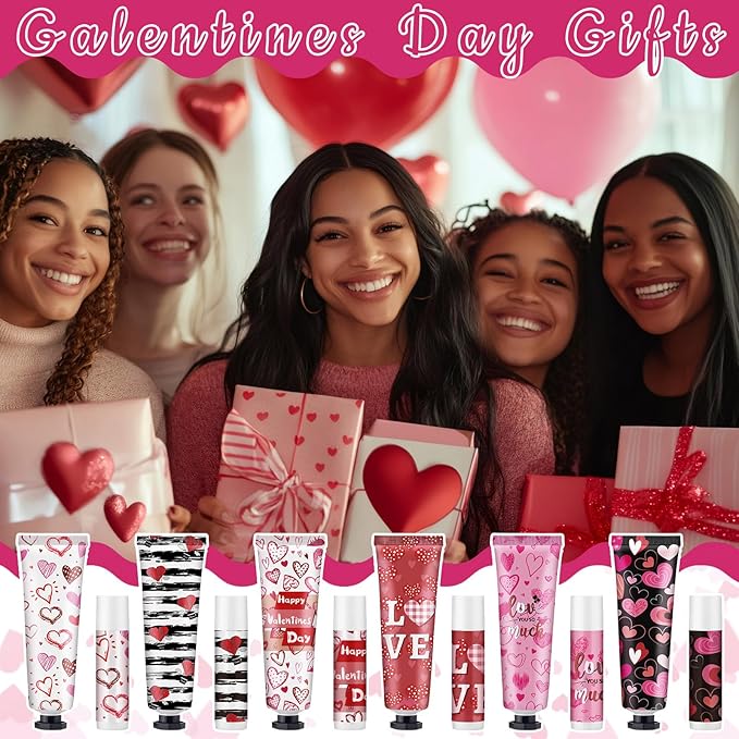 Loopeer 6 Sets Valentine's Day Hand Cream Lip Balm Bulk Gifts Galentine's Day Gift Valentine Party Favor Love Heart Mini Travel Size Moisturizing Hand Lotion for Women Coworker Teacher Nurse, 30 ml