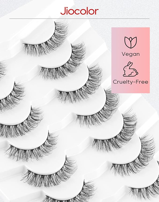Jiocolor Natural False Eyelashes Wispy Lashes 3D Fluffy Lashes Natural Look Faux Mink Lashes Baby Curl Eyelashes Strip Fake Eyelash 7 Pairs 15MM