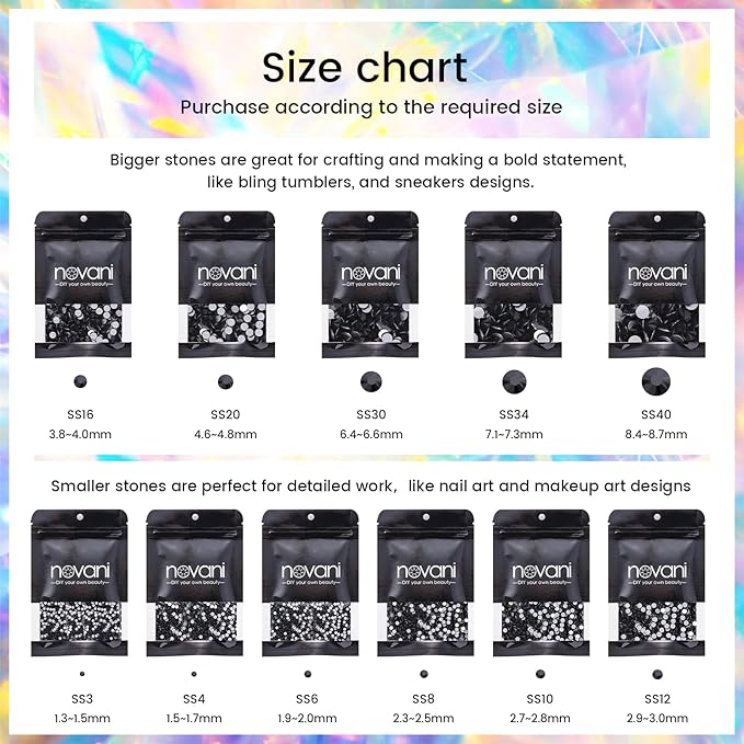 Novani Black Rhinestones, Flatback Crystal Loose Gemstones 1440pcs Glass Rhinestones for Clothes Shoes Crafts Makeup Nail Art and DIY Decorations(SS8, 2.3-2.5mm)