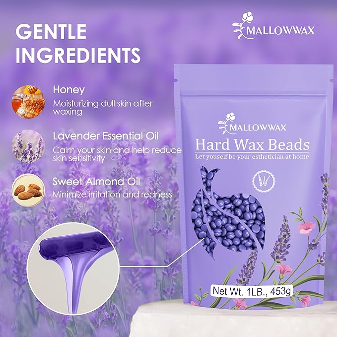 Mallowwax Hard Wax Beads, Wax Beans for Hair Removal, Natural Lavender, Stripless, Coarse Body Hair Specific - Ideal for Bikini, Brazilian, Legs, Underarms, Chest, 16 Ounce