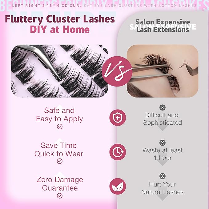 JIMIRE Lash Clusters Wispy Eyelash Clusters Cat Eye Lash Clusters with Spikes 8-18MM Volume Fluffy Cluster Eyelash Extensions with Bottom Lashes Clusters Extension Easy to Apply 144Pcs Pack