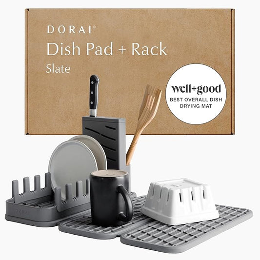 Dorai Home Collapsible Dish Drying Rack and Stone Pad – Foldable Drying Rack with Instant-Dry Stone Mat – Space-Saving Collapsible Drainer for Kitchen Counter - 19.9" x 15.2" (Slate)