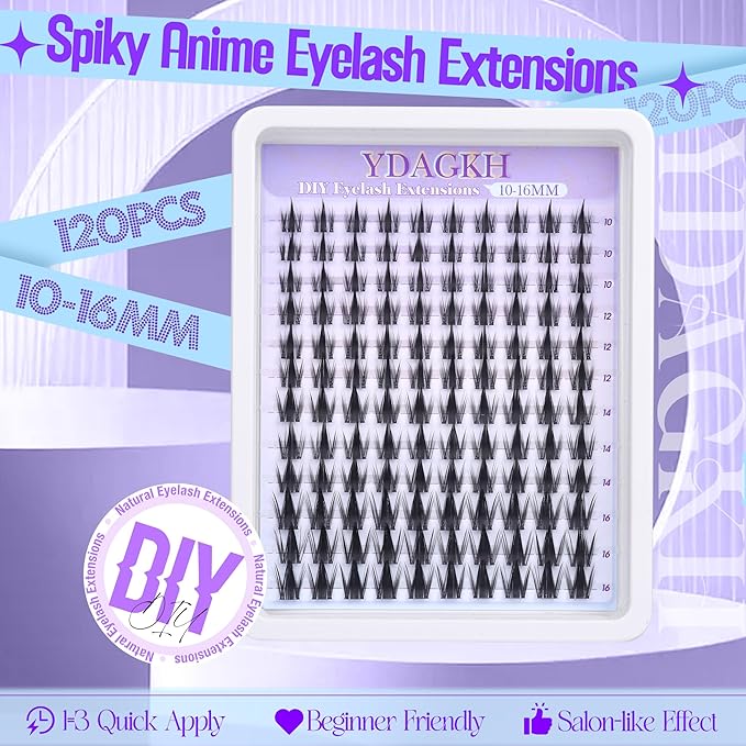 Anime Lash Clusters with Spikes Manga Eyelash Clusters Invisible Band Spiky Clusters Eyelash Extensions Natural Cluster Lashes Wispy 10-16mm DIY Lash Extension Clear Band Doll Individual Lashes 120Pcs