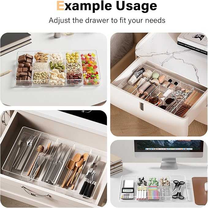 Expandable Desk Drawer Organizer, Acrylic Drawer Organizer Trays with 11 Adjustable Compartments 6 Removable Dividers Desk Accessories for Makeup Utensil Junk Office Kitchen Bathroom ( Clear, 1Pcs )