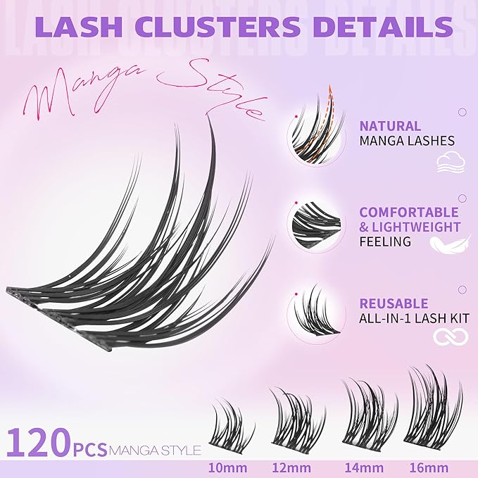 EYDEVRO Manga Lash Clusters Kit Natural Wispy Eyelash Clusters Anime Lashes Cluster 10-16mm Cluster Eyelash Extensions DIY Lash Extension Kit Individual Lashes Lash Bond and Seal Lash Tweezers Brushes