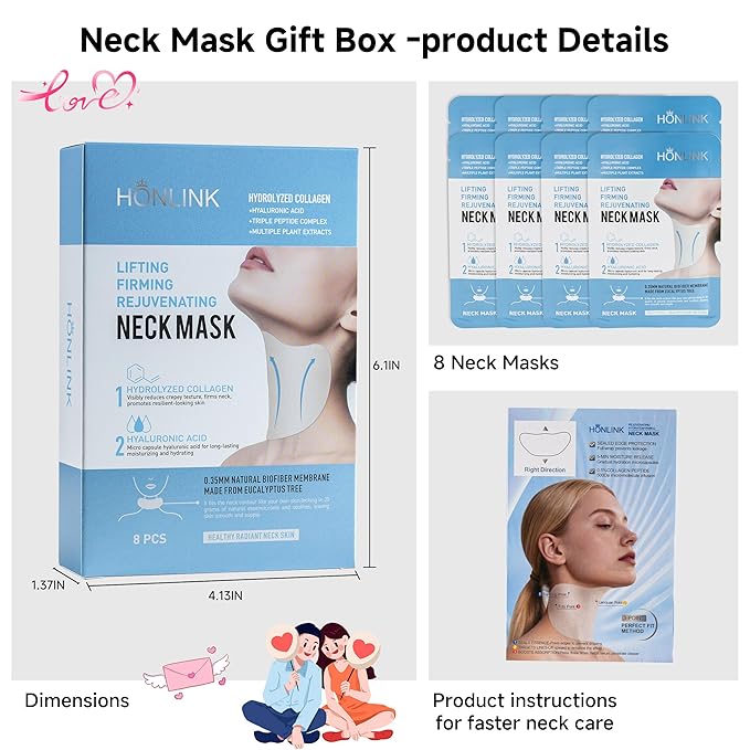 Neck Mask 8PCS,HONLINK Hydrolyzed Collagen Neckmask Set Gift with Hyaluronic Acid & Peptide, Moisturizing Firming Masks for Crepey Skin, Helps Reduce Appearance of Fine Lines for Smoother & Gloss Skin
