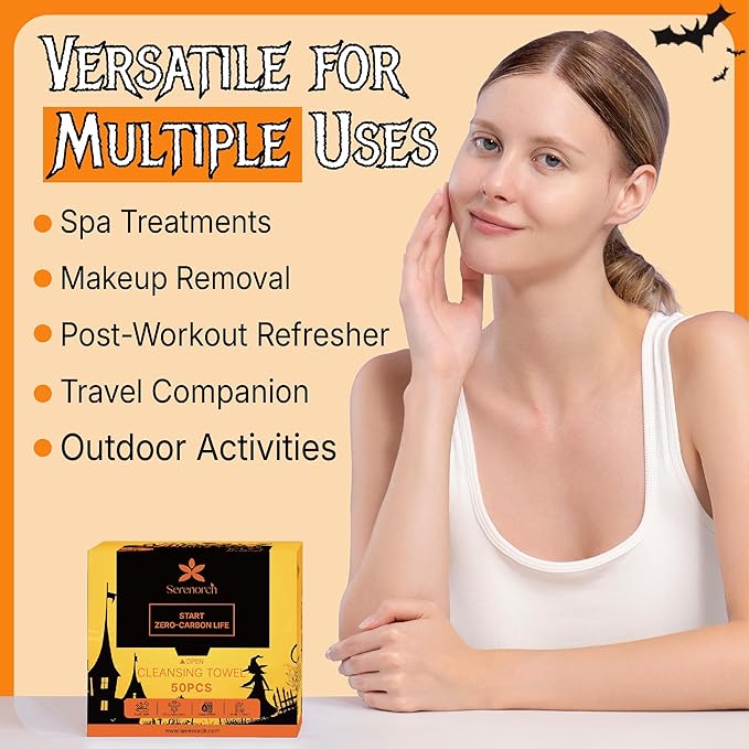 Serenorch Disposable Face Towels for Halloween, 10" x 12" Halloween Gifts for Sensitive Skin, Extra Soft Makeup Remover Dry Wipes, 50 Count