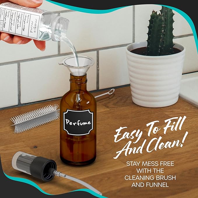 Nevlers 4 Oz Amber Spray Bottles 24 Pack | Amber Glass Bottle Sprayer Set w/Shrink Wrap, Funnel, Brush, Labels & Marker | Mist Bottle For Use as Travel Liquid Bottles for Fragrances, Essential Oils