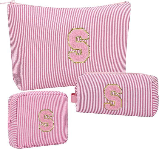 MONSTINA Personalized Initial Makeup Bag for Women,Monogram Make Up Case for Girlfriend Bridesmaid Wife,Birthday Gift for Her Cute Toiletry Bag,3PCS,Pink S