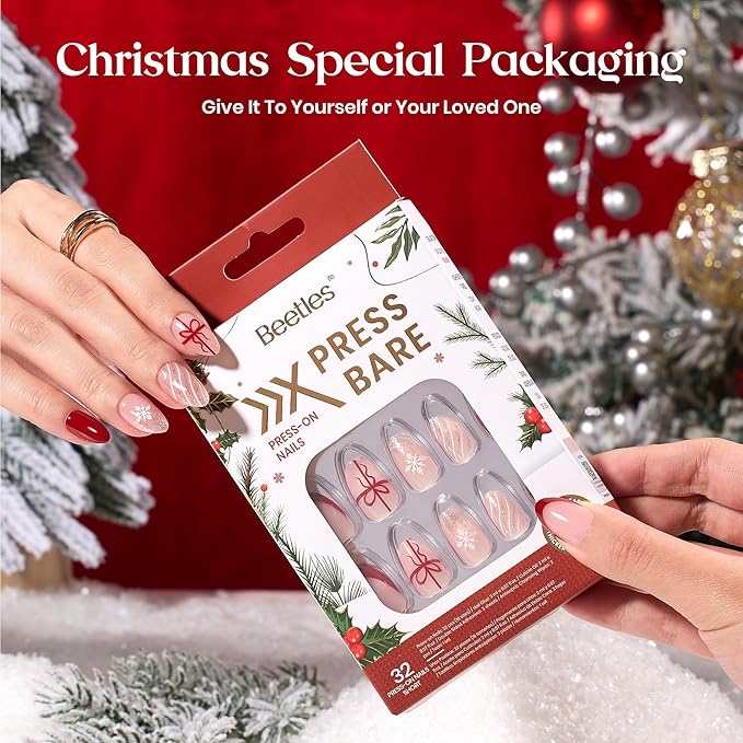 Beetles Christmas Press On Nails - Christmas Bow | Short Almond Press On Nails | 32Pcs 16 Sizes Natural Salon Quality Red French Nail Tips With Quick-drying Nail Glue For Women