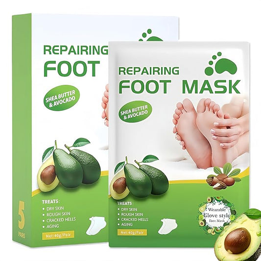 Shea Butter Foot Peel Mask 5 Pairs, Exfoliating Foot Masks for Dry Cracked Feet, Avocado Moisturizing Foot Mask Socks for Women & Men, Hydrating Foot Exfoliator for Soft Smooth Feet