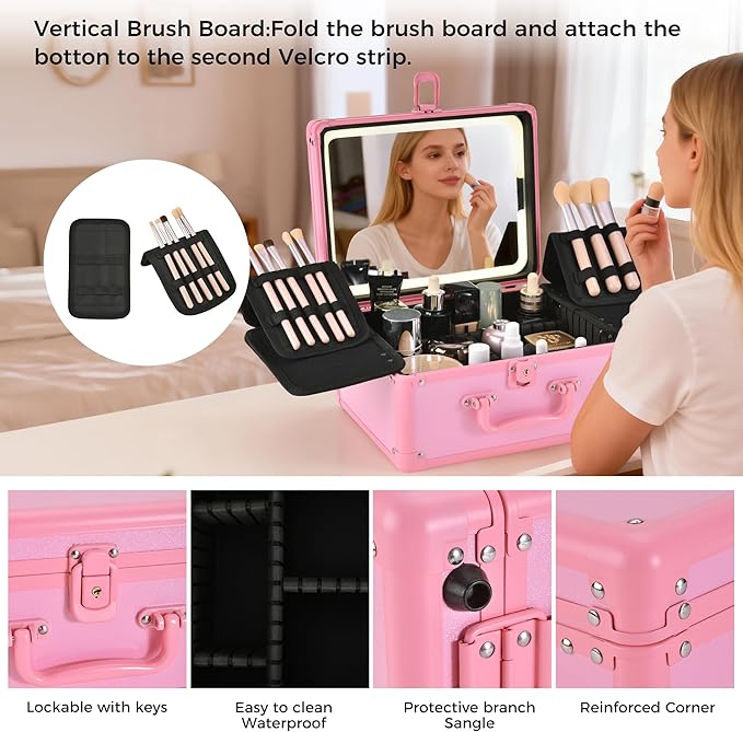 Makeup Case with Lighted Mirror, Makeup Box Organizer with Detachable LED Mirror, Travel Makeup Train Case, Waterproof Cosmetic Organizer, Standing Brush Holder, Gift, Pink