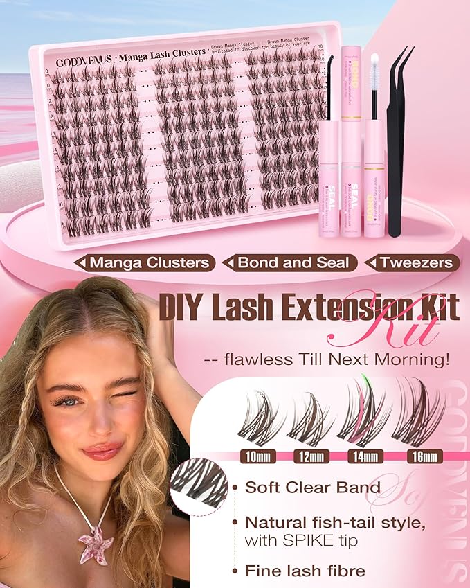 Goddvenus Brown Manga Lash Clusters Kit Natural Cluster Eyelash Extensions Kit CD Curl Wispy Fairy Eyelashes Clusters Anime Individual Lashes 180pcs
