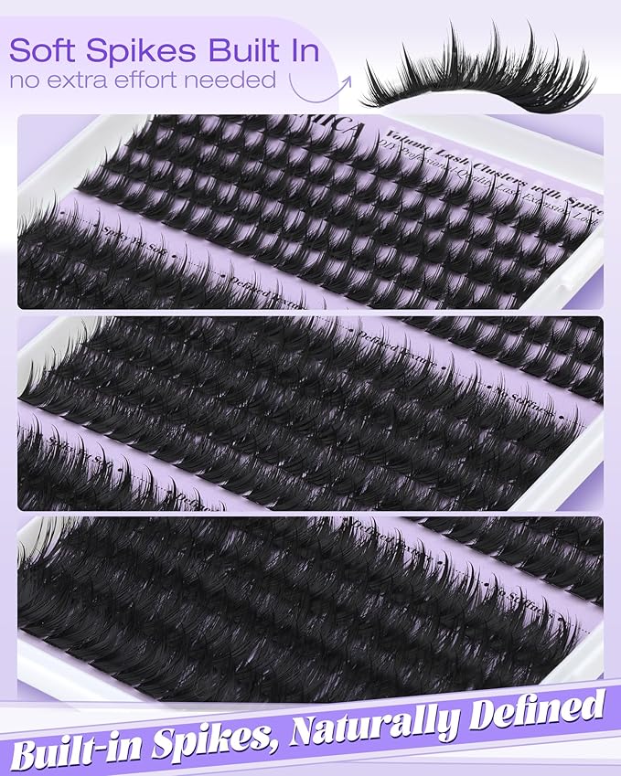 Volume Lash Clusters Kit with Spikes Manga Eyelash Clusters Wispy Cluster Eyelash Extensions Kit 12-20mm D Curl Spiky Individual Lashes DIY Lash Extension Kit with Quick-Dry Bond & Seal, Lash Tweezer