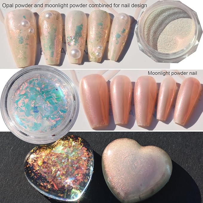 2-Pack Chunky Opal Nail Powder Set - Shimmery Moonlight Nail Art Glitter Powder, Iridescent Chrome Effect,Holographic Iridescent Glitter for 3D Effect Shimmer Pigment Nails Decorations for Nails Art