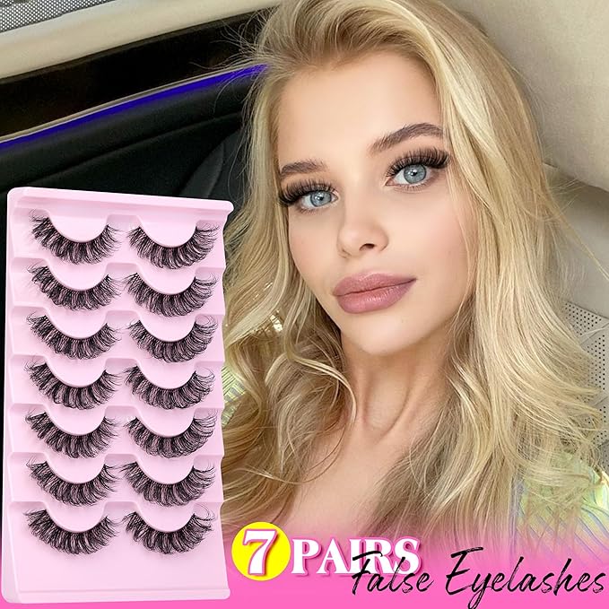 Strip Lashes Wispy False Eyelashes Clear Band Mink Lashes Natural Look Fake Eyelashes 3D 17MM Wispy Cat Eye Lashes Pack, 7 Pairs
