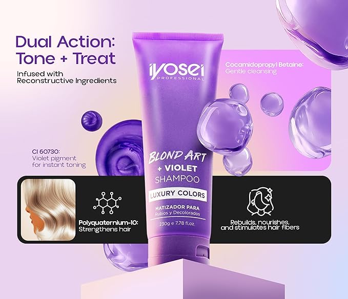 IYOSEI Professional Purple Shampoo Blond Art + Violet – Shampoo for Blondes with Highlighted, Bleached & Gray Hair – Intense Purple Toning for Blonde Hair Care and Color Balance – 7.78 Fl oz Tube