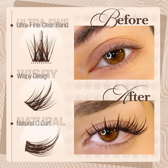 Mavphnee Brown Lash Clusters Wispy Eyelash Extensions Natural Individual Lashes Extension Dark Brown Cluster Lashes 8-16MM Fairy Eyelash Clusters Spiky C-Curly DIY Lash at Home for Everyday Wear