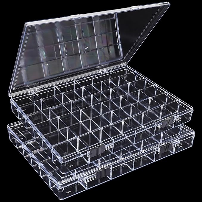 Noverlife 2 Pack 36 Grids Clear Plastic Organizer Box, Jewelry Craft Storage Container Bead Holder Nail Charm Organizer, Rock Collection Box for Fishing Tackles, Acrylic Earring Display Case for Girls