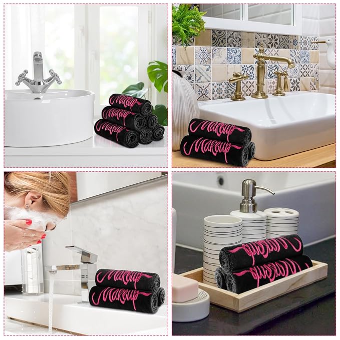 Preboun 96 Pack Makeup Remover Cloths, 13 x 13 Inch Makeup Towels Bulk Soft Microfiber Face Towels Reusable Makeup Washcloths with Makeup Embroidery for Women Skin (Black)