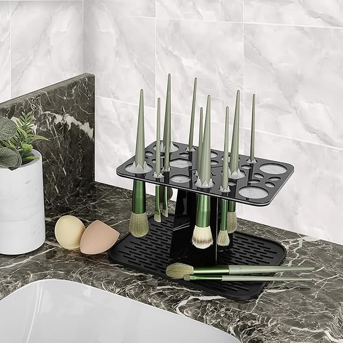 28 Holes Makeup Brush Holder,Makeup Brush Drying Rack Upside Down,Folding Makeup Brush Holder,Air Tree Tower Stand Organizer Comes with Mat