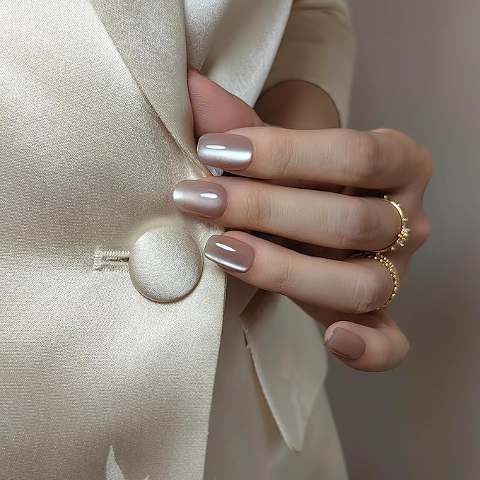Okiyomi Nude Press on Nails - Pale Blush Nude Cat Eye Press on Nails | Magnetic Neutral Blush Shimmer - Short Ballerina Squoval Shape - 15 Sizes - 30 Soft Gel Fake Nails with Glue and Stick On Tabs