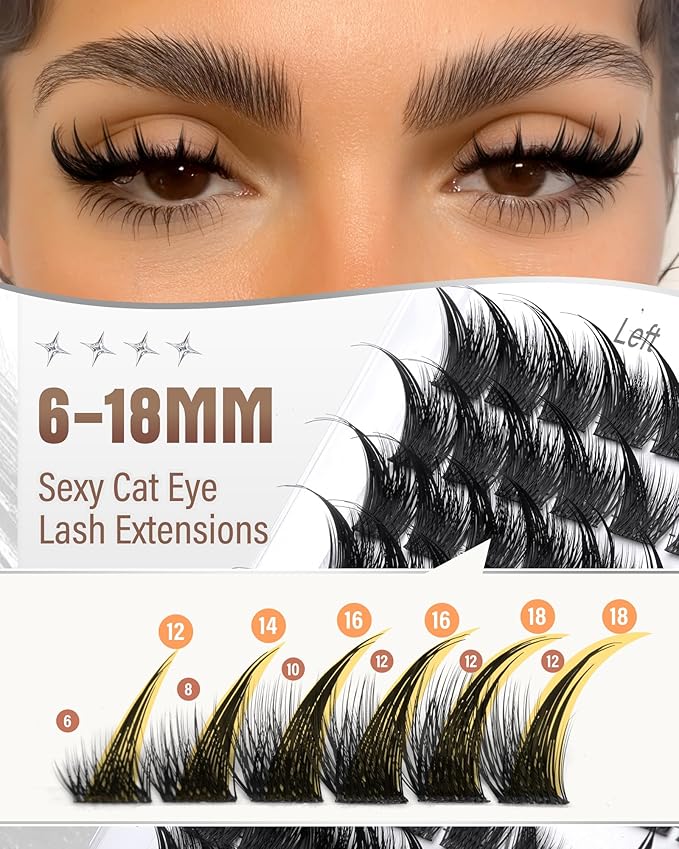 Cat Eye Lash Clusters With Spikes Eyelash Clusters Cat Eye Clusters Eyelash Extensions Wispy Lashes Clusters Anime Pre-Mapped Lash Clusters C-Curly Manga Left&Right Individual Lashes 6-18MM by Zegaine