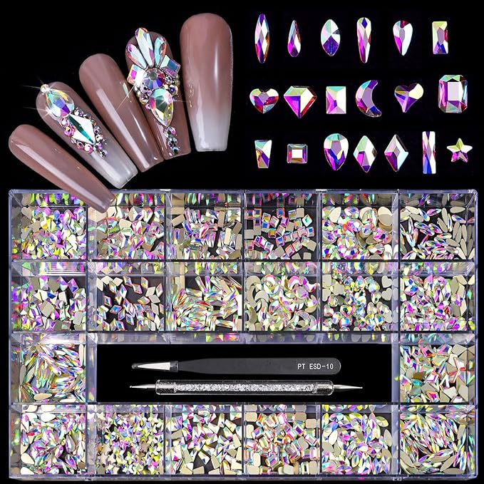 Yzzseven 20 Types of 2000 Crystal AB Diamonds Mix Flatback DIY Crafts Rhinestone Crystals 3D Decorations Flat Back Stones Set +Tweezers + Drill Pen