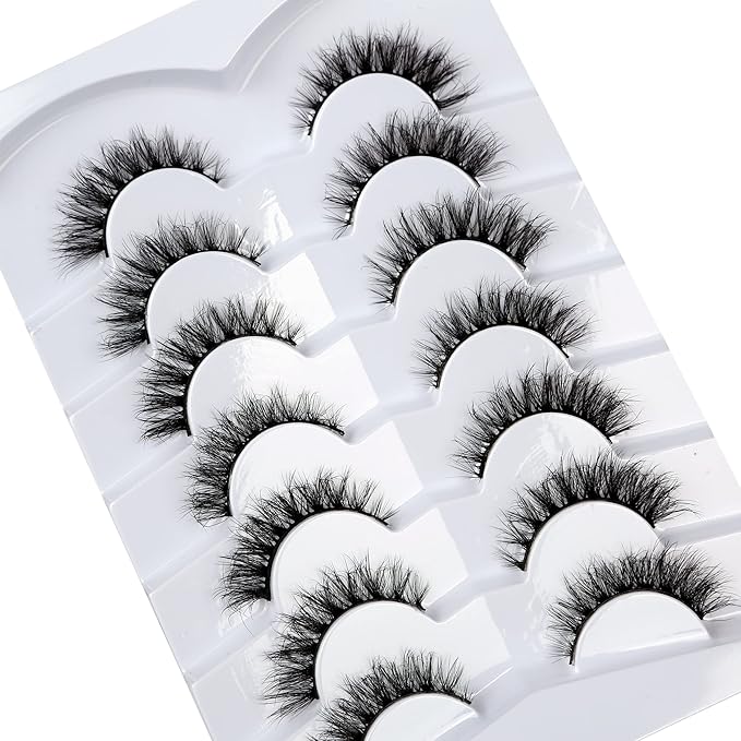 Pooplunch False Eyelashes Cat Eye Look Wispy Lashes Short Natural Crossed Extension Volume Fake Eyelashes 8D Faux Mink Strip Lashes 7 Pairs Pack