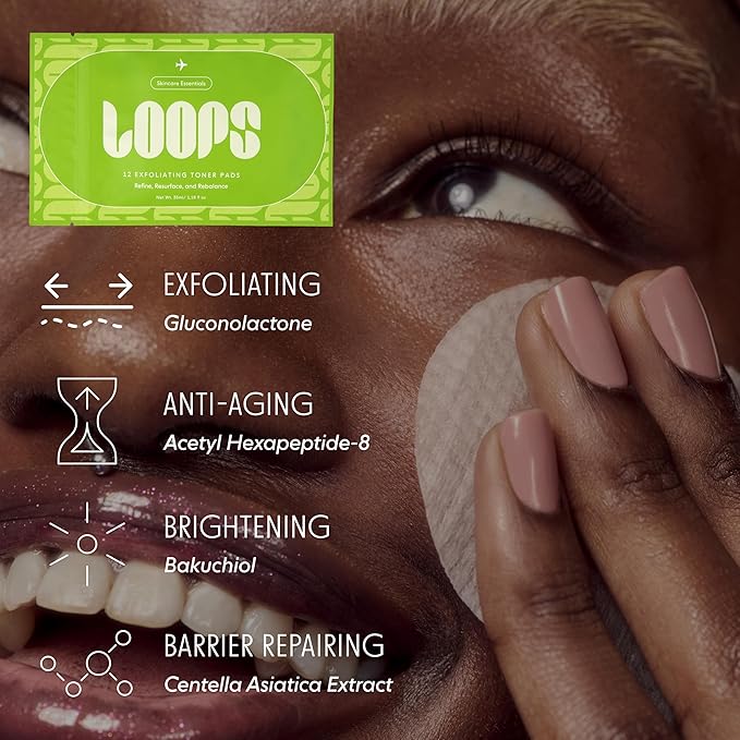 LOOPS Exfoliating Toner Korean Skincare - Refine, Resurface, and Rebalance Skin - Pre-Soaked Bamboo Pad - Vegan, Natural, Biodegradable Toner Pads for Face - Gifts for Women, Stocking Stuffer