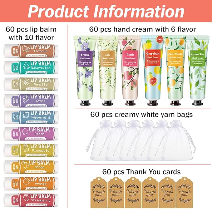 AZEN 60 Sets Bulk Gifts, Hand Cream and Lip Balm Bulk Set with Organza Bag Thank You Card, Baby Shower Wedding Gifts for Guests, Bridal Wedding Favors for Guests,Thank You Gifts for Women