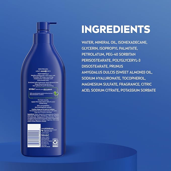 NIVEA Essentially Enriched Body Lotion for Very Dry Skin with Hyaluronic Acid, Almond Oil and Deep Nourishing Serum, 72-Hour Body Moisturizer, 16.9 Fl Oz Pump Bottle, Pack of 2