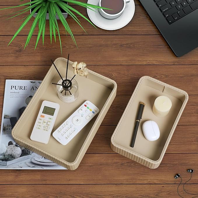 MEIBOOCH 2 Pack Nightstand Organizer Tray, Decorative Perfume Valet Tray Trinket Dish Catch All Purse Key Bowl, PU Leather Coffee Table Trays for Vanity Dresser Bedside Bathroom Countertop (Beige)