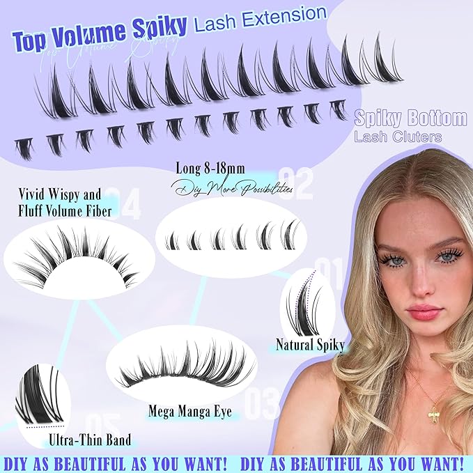 Fairy Lash Clusters Natural Spikes Eyelash Clusters Manga Cluster Eyelash Extensions Invisible Band DIY Spiky Individuals Lashes 8-18mm Wispy Anime Lash Extension with Bottom Lashes 126PCS