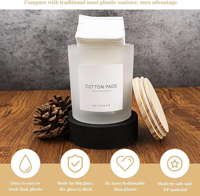 Ezebesta 3PCS Modern 13.53oz Transparent Bathroom Canisters with 12 Labels & Wooden Lid Thick Glass Jar Set Qtip Holder for Cotton Ball & Pads Storage Organization Minimalist Decor