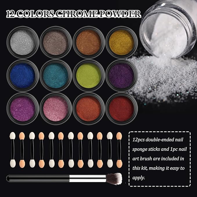 SUTOKAKA Chrome Nail Powder with Nail Glitter Set 12 Colors Gold Silver Copper Holographic Nail Powder Iridescent Metallic Mirror Crome Powder with Brushes for Chrome Gel Nail Decor