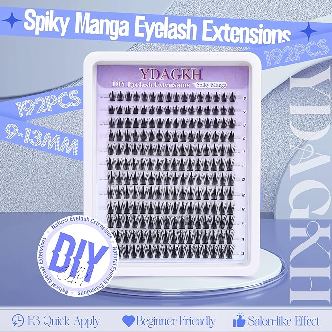 Lash Clusters Wispy Manga Eyelash Clusters with Spikes Anime Cluster Eyelash Extensions Natural Cluster Lashes Spiky Individual Lashes DIY at Home by YDAGKH(9-13mm, 192Pcs)