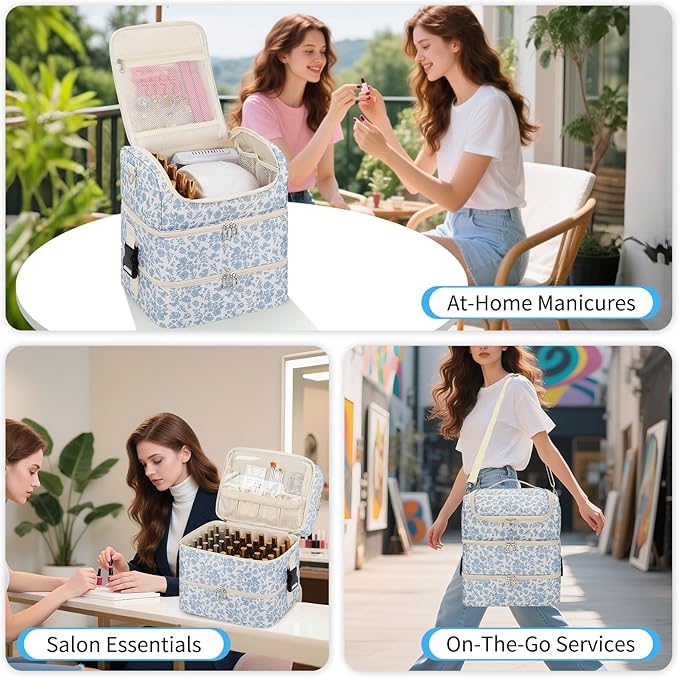 Extra Large Nail Polish Organizer - Three Layer Nail Organizers And Storage Bag, Portable Nail Supplies Organizer Case, Nail Tech Kit Travel Carrying Box with Shoulder Strap (Floral Blue, 86 Slots)