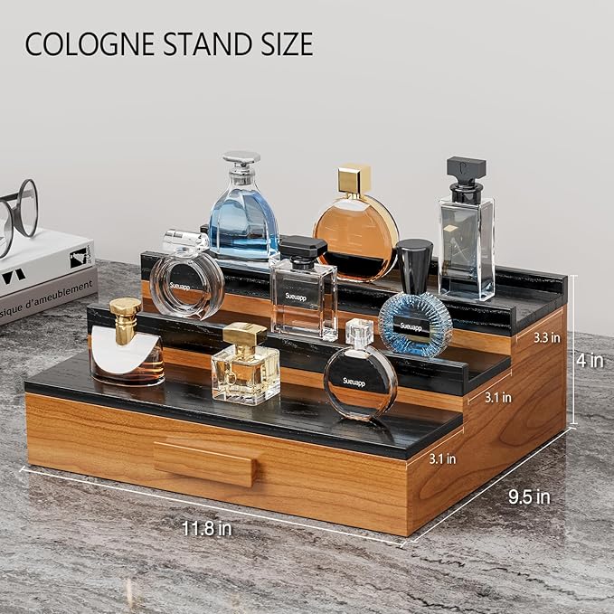 Solid Walnut Wood Cologne Organizer for Men,3 Tier Cologne Stand Display Shelf with Hidden Compartment and Drawer,Perfume Stand Organizer,Perfume Display Holder,Great Gift for Men Father