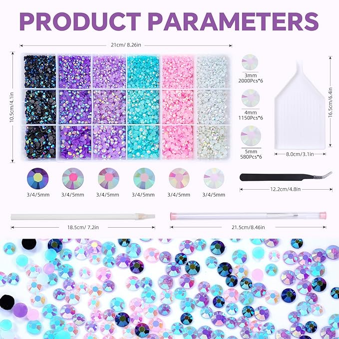 22380 pcs Resin AB Crystals Gemstones, 6 Colors Round Gems for Crafts Makeup Face Clothes Shoes Tumbler DIY Decoration 3/4/5mm (White Blue Purple Rhinestones)