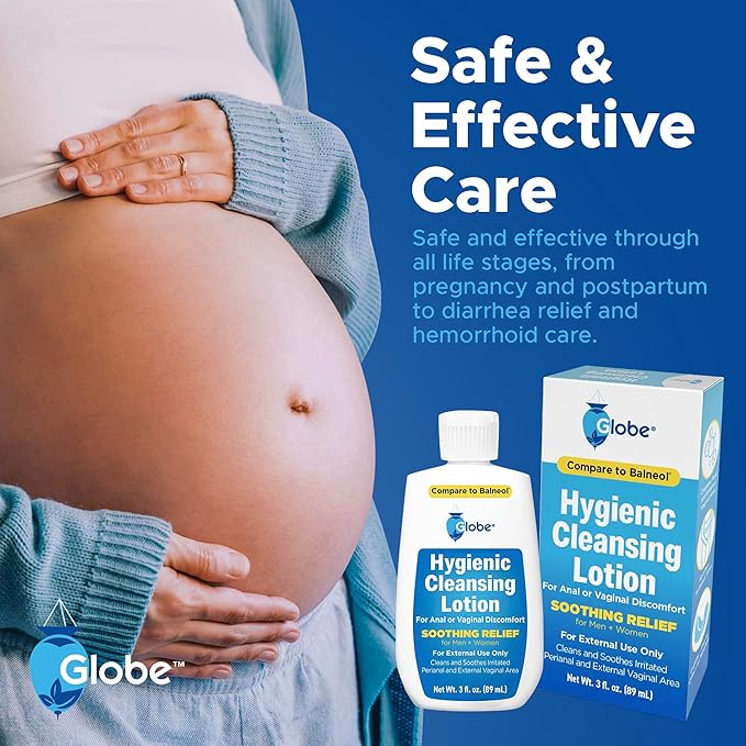 Globe Hygienic Cleansing Lotion for Men and Women, Discomfort, Pain & Itch Relief for Sensitive Areas, Cooling, Non-Irritating & Non-Drying Gentle Personal Care Cleanser, Travel Must Have,3 oz Bottle