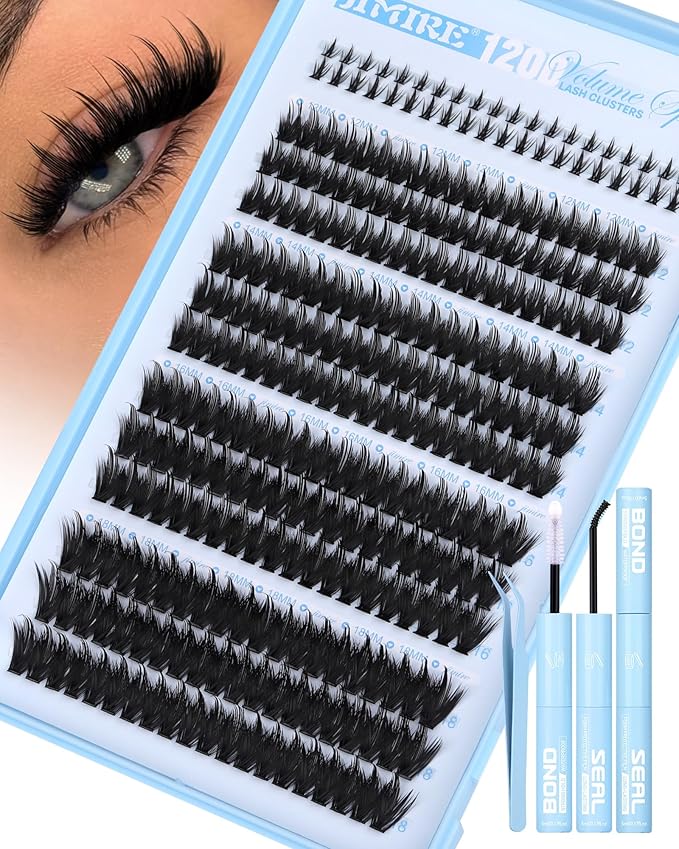Lash Clusters Kit Manga Lashes Clusters Spiky 120D Eyelash Clusters Kit with Bottom Lashes 12-18MM Wispy Lash Extension Kit with Lash Bond and Seal Eyelash Extension Kit DIY at Home by JIMIRE