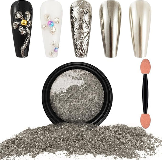 Artdone Chrome Nail Powder, Light Silver Iridescent Aurora Powder Metallic Mirror Effect Pigment Pearlescent Mermaid Pigment Pearl Glitter Dust Kit, Nail Art Decoration, Resin Craft