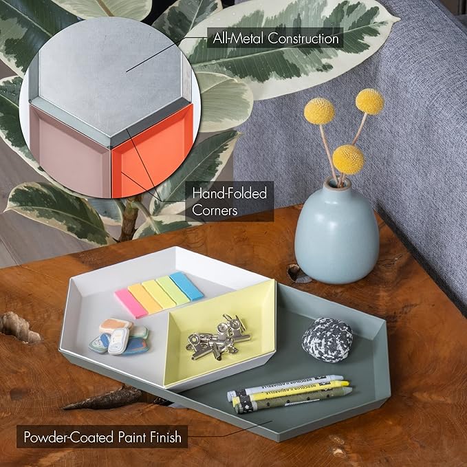 LINE+ARC Hand-Painted Metal Nesting Trays (Set of 3 ModTrays, Winter Salad) for Mid-Century Modern Coffee Table Entryway Stacking Geometric Trinket Valet Catchall Vanity Jewelry Ottoman