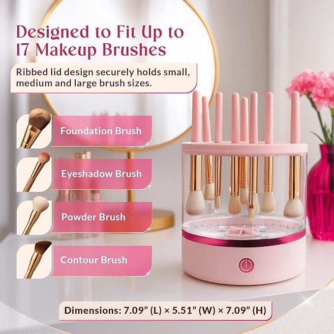 360° Electric Makeup Brush Cleaner – Dual Spin Makeup Brush Cleansing Machine Holds 17 Brushes, Portable Compact Design for Travel & Home Use, Perfect for Makeup Lovers & Professionals