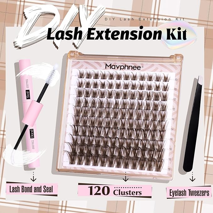 Mavphnee Brown Lash Clusters Kit Fairy Eyelash Extensions Kit Dark Brown Cluster Eyelash Extensions Kit Natural Wispy D-Curly Individual Lashes Clusters with Lash Bond and Seal Glue and Tweezers