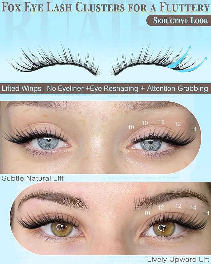 Fox Eye Lash Clusters Natural Eyelash Clusters 10-14mm Wispy Lashes Clusters Spiky Cluster Eyelash Extensions Fairy Cluster Lashes Daily Wear Eyelashes Clusters Hooded Eye DIY Lash Extension